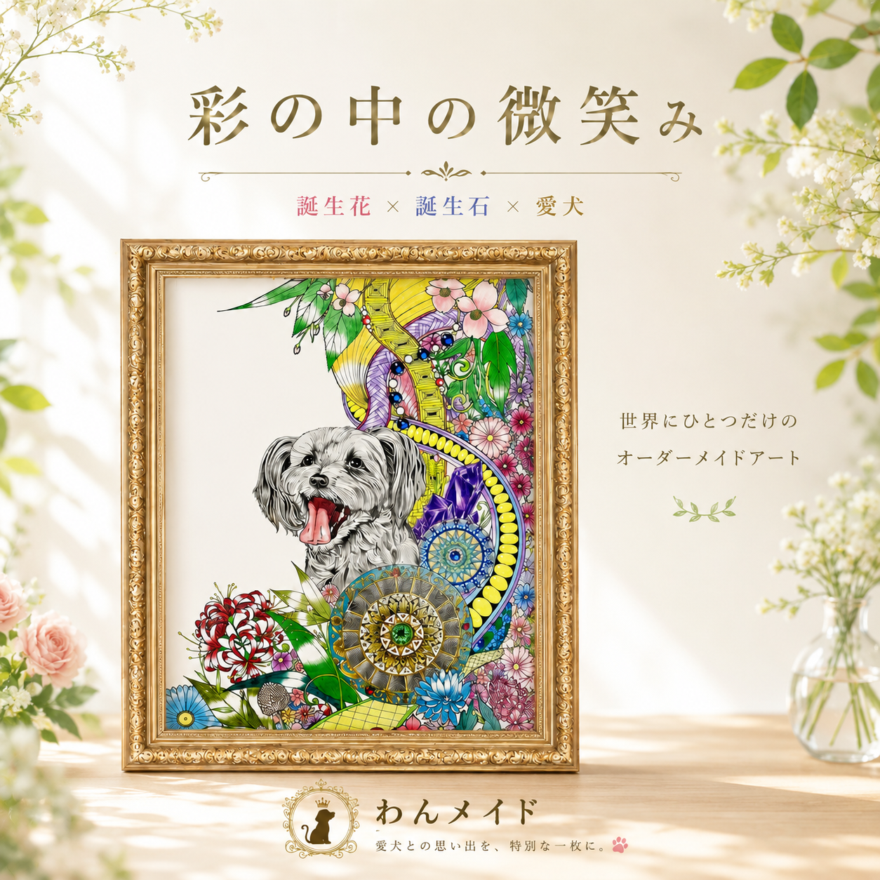 オーダーメイド絵画「彩の中の微笑み」誕生花＆誕生石（B5サイズ